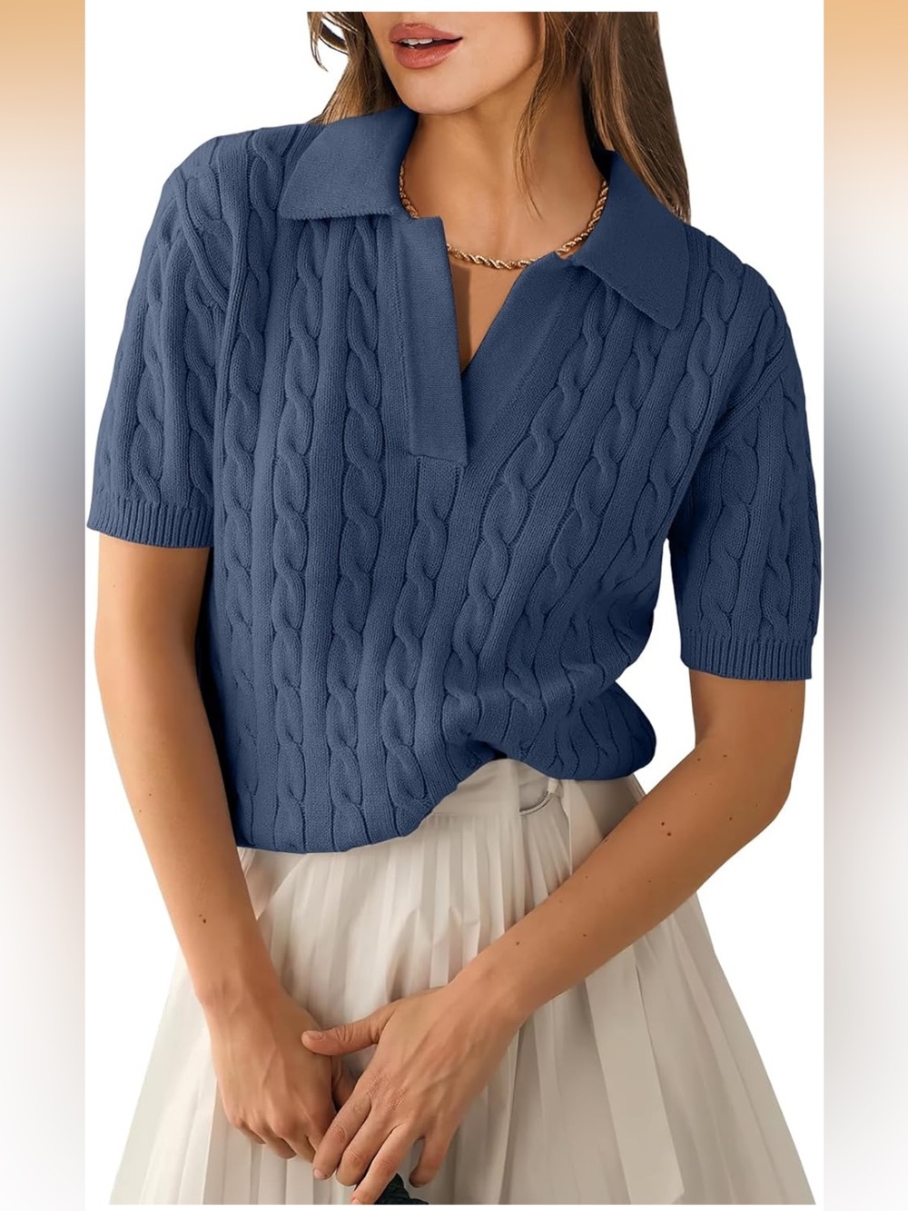 Women’s Cable Knit Polo Sweater Blue Short Sleeve Collared Knit Top Size Medium